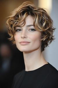 Click for More ➡️ | Save for Later ❤️  Short curly layers create texture and lift, while blonde highlights add brightness, making thin hair appear fuller and bouncier. (Short Curly Layers with Blonde Highlights - Layered Hairstyles For Thin Hair)