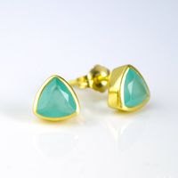 DANIQUE JEWELRY | Tiny triangle stud earrings set with Aqua Chalcedony, a March birthstone #tinyearrings #trianglestuds #tinystudearrings #aqua