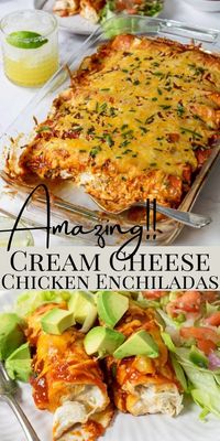 The perfect recipe for Cream Cheese Chicken Enchiladas. Flour tortillas are filled with chicken mixed with cream cheese, sour cream, green chilies and onions, topped with red chili sauce and cheese.