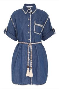 The Chintz Mini Shirt Dress in Bay Blue from our Summer Swim 2023 Collection. A denim mini dress featuring short cuffed sleeves and buttons down the centre front, finished with embroidered trims throughout.