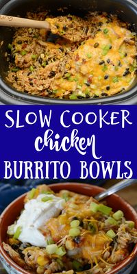 Serve this Slow Cooker Burrito Bowls recipe! Loaded with chicken, rice, and all the Tex-Mex flair you know and love. This crock pot burrito bowl also is a fantastic meal prep recipe.