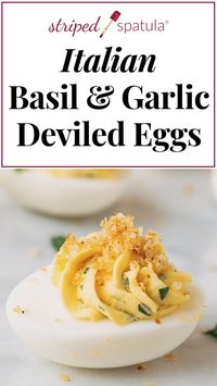 These Italian Deviled Eggs, with fresh basil, garlic, and lemon-Parmesan Panko, are a delicious variation on an appetizer favorite. Easy to make and perfect for Easter and parties where you want to make an impression! #deviledeggs #appetizer