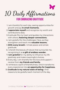 Unlock the power of positivity with these 10 daily affirmations designed to cultivate gratitude and transform your outlook on life. Perfect for anyone seeking to deepen their appreciation and find joy in every day. Start your gratitude journey today and watch your world change! #DailyAffirmations #GratitudePractice