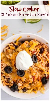 Slow Cooker Chicken Burrito Bowls - ten minutes of prep work rewards you later with a delicious and hearty dinner. Just dish yourself a bowl and garnish to your liking. via @cmpollak1