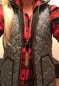 Love everything about this outift: herringbone, plaid, and a cute statement necklace