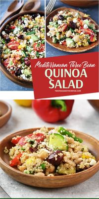 Mediterranean Three Bean Quinoa Salad is a quick and easy healthy recipe packed with protein and full of flavor! This side dish or main dish recipe is perfect for lunch, dinner, and even holiday parties. It is light, refreshing, and the perfect winter salad! Save this pin!