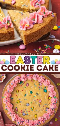 Want a new creative Easter cake idea for some easy Easter sweet treats? Try out this Easter dessert idea for a DIY cookie cake! It's made of a simple cookie base with M&Ms and buttercream frosting. Save this rich, chewy, and delicious spring food idea now!