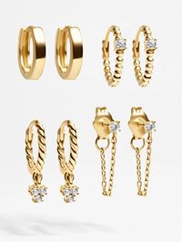 For those who love the layered look, please meet the ultimate one-stop solution. Our Luna 18K Gold Earring Set, crafted from 18K gold plated sterling silver and Cubic Zirconia stones, features all the classic and of-the-moment silhouettes for building the perfect stack. 