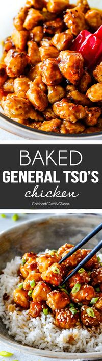 BAKED AND NOT FRIED General Tso's Chicken! Sweet caramel sauce balanced by Asian chili sauce and zingy ginger, all infused with garlic and toasted sesame seed oil. MY FAVORITE CHINESE CHICKEN EVER!