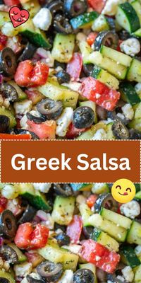 A Mediterranean-inspired salsa with tomatoes, cucumbers, olives, and feta cheese, perfect with pita chips.