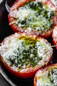 These roasted tomatoes with pesto are a simple Italian-inspired appetizer or side dish. You only need a few fresh ingredients to make them, and they're ready in just 35 minutes! #theendlessmeal #pesto