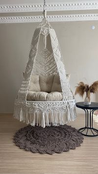 Macrame swing like orthopedic bed, Hanging chair, Macrame swing, hängesessel, Swing chair, Macrame swing chair, hanging chair indoor swing Macrame Swing chair Perfect for any room - with a good book, a cheeky inside swing, or even next to a pool It is suitable for people of all ages. This macrame swing is a stylish and cozy addition to any room's decor! Boho macrame swing is a great product and it has versatile using places like terraces, balconies, room, garden, indoor and outdoor. Please note that this item is handmade, there may be slight variations and There may be slight color differences due to screen color settings The size of the swing in the picture is 100 cm. Weight limit: 150kg Ceiling hang height 180cm (message for custom length) Note: Hanging bracket  are included. All items a