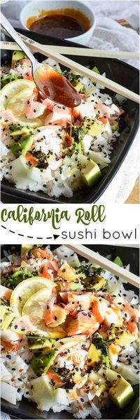 Spending way too much on sushi? Super easy, healthy homemade sushi to the rescue with this California Roll Sushi Bowl Recipe!