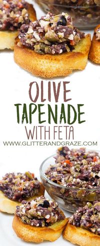 This olive tapenade is a great appetizer to serve at your next party or just over a glass of wine. This is a blend of olives and feta cheese topped on some toasted baguette. #winefood #partyfood #appetizers