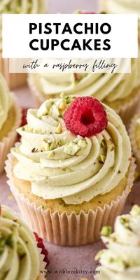 This Pistachio Cupcake recipe is for buttery cupcakes flavored with real pistachios. The cupcakes are cored out after baking and filled with a raspberry purée before being swirled high with a fluffy cream cheese and pistachio frosting.