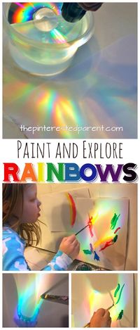 Make, explore and paint rainbows. Use a CD and sunlight or a flashlight to cast rainbows, study and paint with watercolors or color with markers or crayons. A great piece of process art for kids. Art and science, STEAM projects for preschoolers.