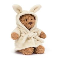 Bartholomew Bear is doing Self-Care Sunday. And Monday. And Tuesday. Our most-loved bear knows how to relax this spring-time, with his tousled fur wrapped in a bunny-ears, fleece-soft, bathrobe. Flop down together, share some cocoa and nuzzle that chunky praline nose. Size: H10" x W 5"