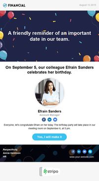 Internal Email Template «Reminder of a Colleague's Birthday» for Human Resources industry. Explore our Internal email template to find just the right look for you. #EmailNewsletterTemplate #EmailTemplates #EmailDesign #EmailMarketing #Mailchimp #Newsletter #Шаблонписьма