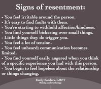 Emily H. Sanders, LMFT on Instagram: "Resentment pt. 1 of 5– resentment often develops when someone feels they are experiencing unjust or unfair treatment. There is a gap between how you *want* to be treated and how you *are* being treated.   Overtime, if no correction is made, no attempt to repair what has been damaged in the relationship, negative feelings build towards the person who is hurting you.   Unchecked resentment is dangerous because it leads to CONTEMPT, which is a common precursor to the ending of a relationship. (When we hold contempt, we “consider the person to be unworthy of respect or attention.”)  Harboring resentment is actually common strategy to keeping a relationship in tact- it’s an attempt to hold back anger in order to keep the peace. Often those who harbor resent