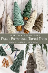 Rustic farmhouse tiered trees free crochet pattern and video tutorial. Crochet these quick and easy holiday trees