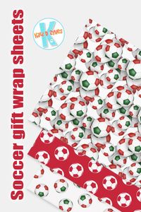 ad: Soccer balls pattern gift wrapping sheets (set of 3 sheets) with red & green color theme -- volleyball and basketball gift wrap also available #soccergifting #soccerwrappingpaper #soccergiftwrap