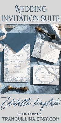 This dusty blue floral toile #wedding invitation suite is an Editable Corjl template. In item description you can find all the details how to order & how it works (click on TITLE) or follow this link: https://tranquillina.etsy.com to see more of our party invites and decor. #template #invitation #weddinginvite #floral #chinoiserie