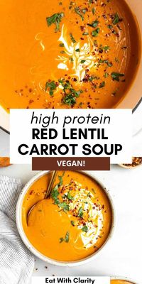 This vegan red lentil and carrot soup is healthy, high in protein and easy to make. This creamy carrot bisque is vegan, dairy free and freezer friendly.