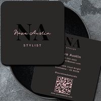 Elevate your professional brand with our Monogram Luxe Trendy Aesthetic Pink Black QR Code Square Business Card, designed for those who value sophistication and modern elegance. This chic business card is perfect for permanent makeup artists, lash technicians, and other cosmetology professionals who want to leave a lasting impression. The striking pink and black color scheme offers a bold yet feminine appeal, making it an ideal choice for a girly glam look that stands out in any setting.  The fr