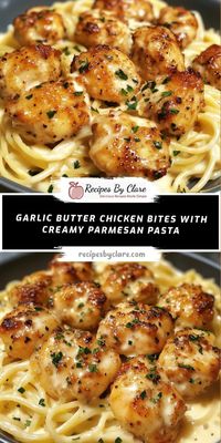 Savor tender garlic butter chicken bites paired with rich, creamy Parmesan pasta, perfect for a cozy dinner. This easy-to-make dish offers irresistible flavors of garlic, butter, and cheese.  Ingredients:  Chicken breasts, boneless, skinless (1 lb, bite-sized) Olive oil (2 tbsp) Butter, unsalted (6 tbsp, divided) Garlic (6 cloves, minced) Fettuccine or pasta of choice (12 oz) Heavy cream (1 cup) Parmesan cheese, grated (1 cup) The combination of juicy chicken in garlic butter and velvety Parmesan sauce creates a decadent, comforting meal perfect for any occasion.