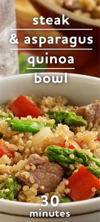 Steak and Asparagus Quinoa Bowl | Easy quinoa recipe combines cooked quinoa with tender pieces of beef, asparagus and bell pepper for a healthier main dish