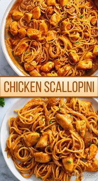 I can't believe how easy it is to make this Chicken Scallopini, yet the taste is truly amazing! Rich and flavorful with a touch of gourmet. Juicy chicken smothered in a tomato-based wine reduction sauce and served with spaghetti.