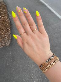 Neon yellow nails with flower design, matte nails, diamond flower nails