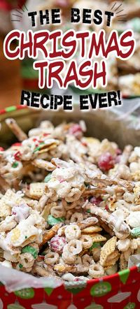 This White Chocolate CHRISTMAS TRASH is a Snack Mix recipe with pretzels, cereal, candy tossed together with chocolate. Quick, easy and an addicting treat. Perfect for a treat or baking exchanges