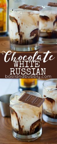 A dessert cocktail recipe everyone will love: Chocolate White Russians.  Made with Kahlua, Vodka, Cream, Chocolate Syrup, and garnished with a chocolate bar.