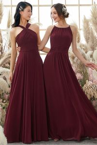 Zapaka Halter Bridesmaid Dress Burgundy A-line Floor Length Chiffon Sleeveless Party Dress – ZAPAKA