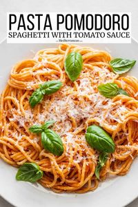 Pasta Pomodoro, or spaghetti with tomato sauce, comes together with a handful of simple ingredients in this easy weeknight pasta recipe.