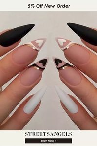 French Black and White Love Heart Color Gold Line Scrub Wearing Nails