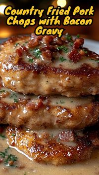 Country Fried Pork Chops with Bacon Gravy – Crispy, golden-brown pork chops topped with rich, smoky bacon gravy. A comforting, down-home classic perfect for family dinners! #ComfortFood #SouthernRecipes #PorkChops #BaconLovers