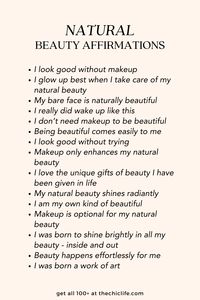 Click for 100+ AMAZING confidence and beauty affirmations to help you manifest more beauty in all areas of your life - physical beauty, body confidence, inner beauty, glowing and clear skin, beautiful hair, bare face beauty, and more! Remember - you were born beautiful. Use these I am beauty affirmations to manifest more beauty into your life and help you own your innate beauty. Add your faves to your vision board!