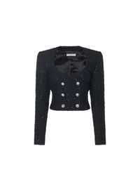 Wool blend sequin tweed double breasted jacket with round neck.