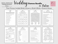 Looking for a way to entertain your guests and break the ice at your wedding reception? Look no further than our Wedding Reception Games Bundle in Italian! This stylish bundle includes eight different wedding games designed with a minimalist aesthetic. It's the perfect way to keep your guests engaged and entertained throughout your big day. This set includes games and activities for couples and guests to enjoy together, such as the newlywed shoe game and a wedding trivia game. It comes in three