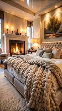 A master bedroom with a cozy fireplace, chunky knit blankets, and soft ambient lighting to create a warm retreat. #Fireplace #ChunkyKnitBlanket #SoftLighting #CozyMaster #WarmDecor