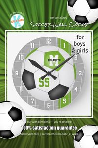 Ad: This sporty soccer themed clock features the realistic image of a bright green, black & white soccer ball - personalize with the athlete's name, monogram and jersey number | many color combinations available #soccerclock #soccerroomdecor #personalizedsportsdecor #kidssoccerroom