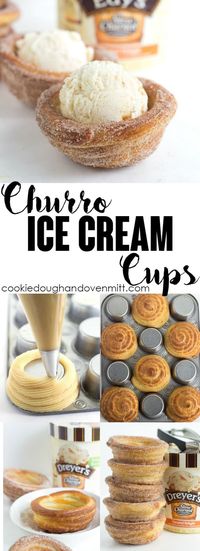 Churro Ice Cream Cups that are easy to make and fun to eat! They're piped on cupcake tins for the perfect serving size and baked, not fried, so they're a little better for you. They're perfect for summer parties and everyone eats their cup so no dirty dishes.  via @mmmirnanda [ad]