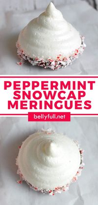 These Peppermint Snowcap Meringue Cookies are crunchy, airy, super light, and dipped in chocolate and crushed peppermint candies, making them a favorite at holiday time - beautiful on a Christmas dessert tray.