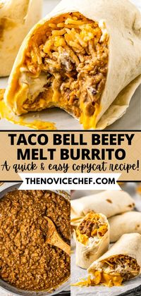 A copycat of the fast-food favorite, this Taco Bell Beefy Melt Burrito is stuffed with seasoned beef, refried beans, Mexican rice, crunchy Fritos, and more. Simple to make, and much more flavorful than the drive-thru version, these cheesy beef burritos will be a new family favorite!