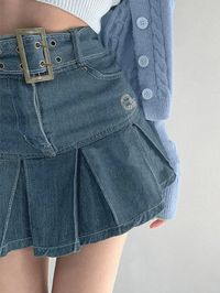 ⚡️Free Shipping 2022 Buckle Belt Pleated Denim Mini Skirt Black M under $27.00 in Skirts at AnotherChill.com Online. Style: Casual/Street/Y2K/Vintage/Sweet/Preppy/Punk. Fabric Content: Polyester, Cotton. Fit Type: Regular fit. Length: Above Knee. Design: This classic but retro vibe denim skirt cuts to a flattering a-line silhouette, it has double eyelet buckle strap design, features pleats seam detail, with functional pockets and a button zip fly on the front.. ✓2022 SUMMER OUTFITS. Check review