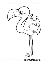 20 Free Printables Flamingo Coloring Pages for Kids! This page shows a cute, cartoon-style flamingo head and upper body. The bird has a large, expressive eye and a curved beak. Color the flamingo bright pink, using a lighter shade for the face and a darker shade for the body. Add black for the eye and beak tip. This simple design is perfect for younger children.