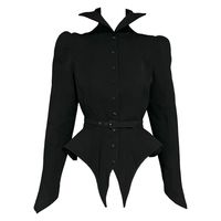 Thierry Mugler extremely rare collectible dramatic black belted jacket from the iconic Fall Winter "Les Infernales” 1988 collection and as seen on the runway. Peplum flared waist that is elongated and pointy in the front and joins together at a point in the back Constructed with striped seaming throughout. Snap button closure Vampire-esque standing collar. Rounded puffy style shape at the shoulders Unique jagged shaped belt buckle Shoulder pads Pointed cuffs Made in France Size: FR38 Condition: Excellent condition Measurements: Shoulders- 32” Bust- 35” Waist- 26” Length- 30”