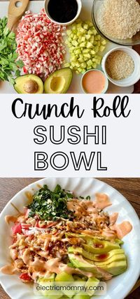 This Crunch Roll Sushi Bowl is just like the sushi roll, but in a bowl! Crab, cucumber and avocado sit on top of rice with drizzles of sauce.